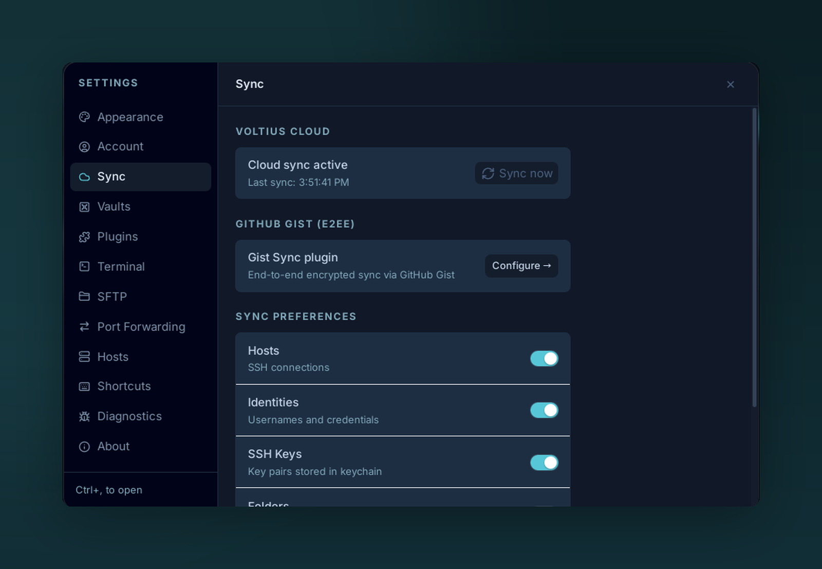 The Sync settings panel: cloud sync active with a timestamp, plus per-type sync toggles
