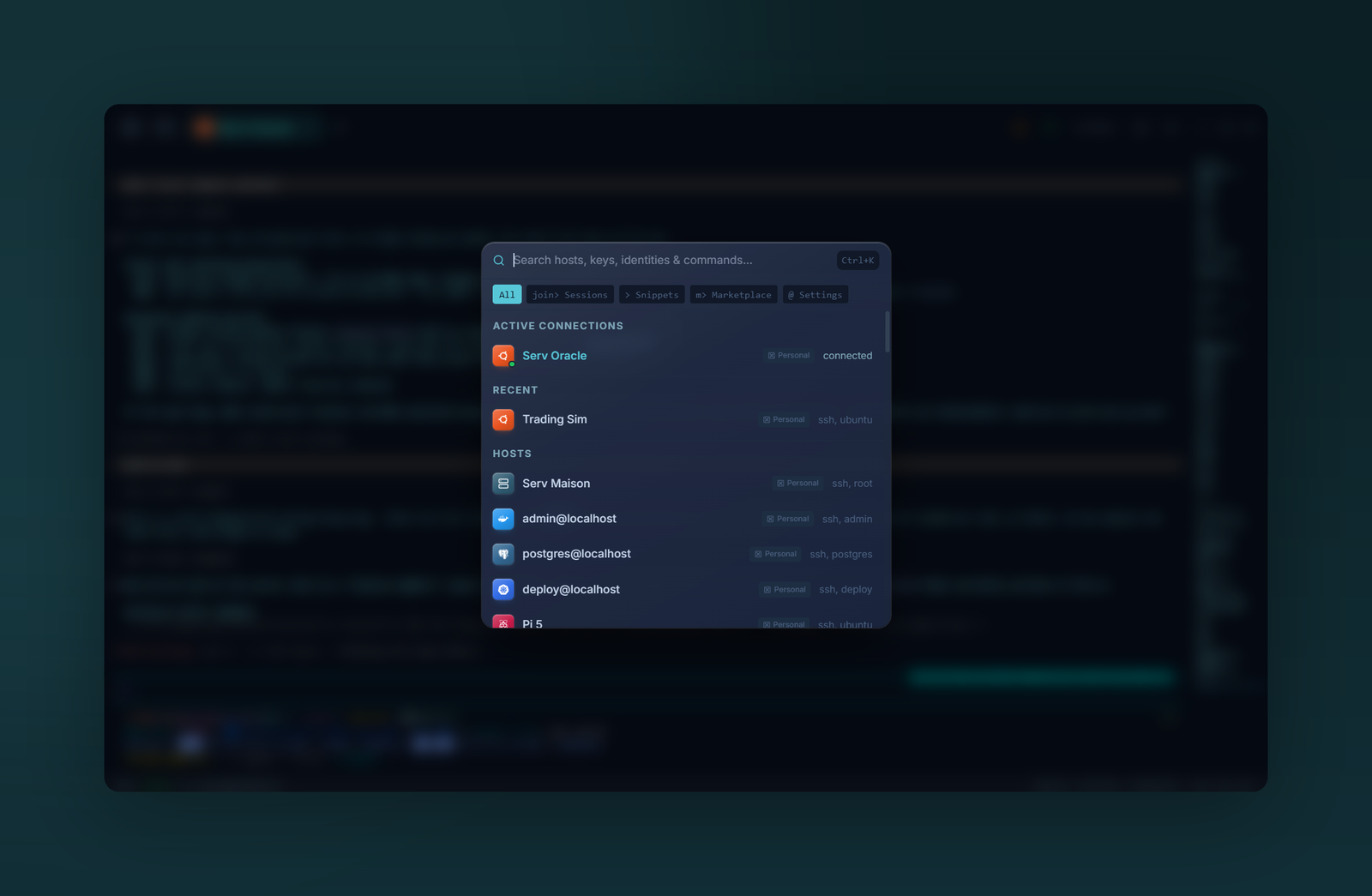 The Voltius command palette open over a live terminal session