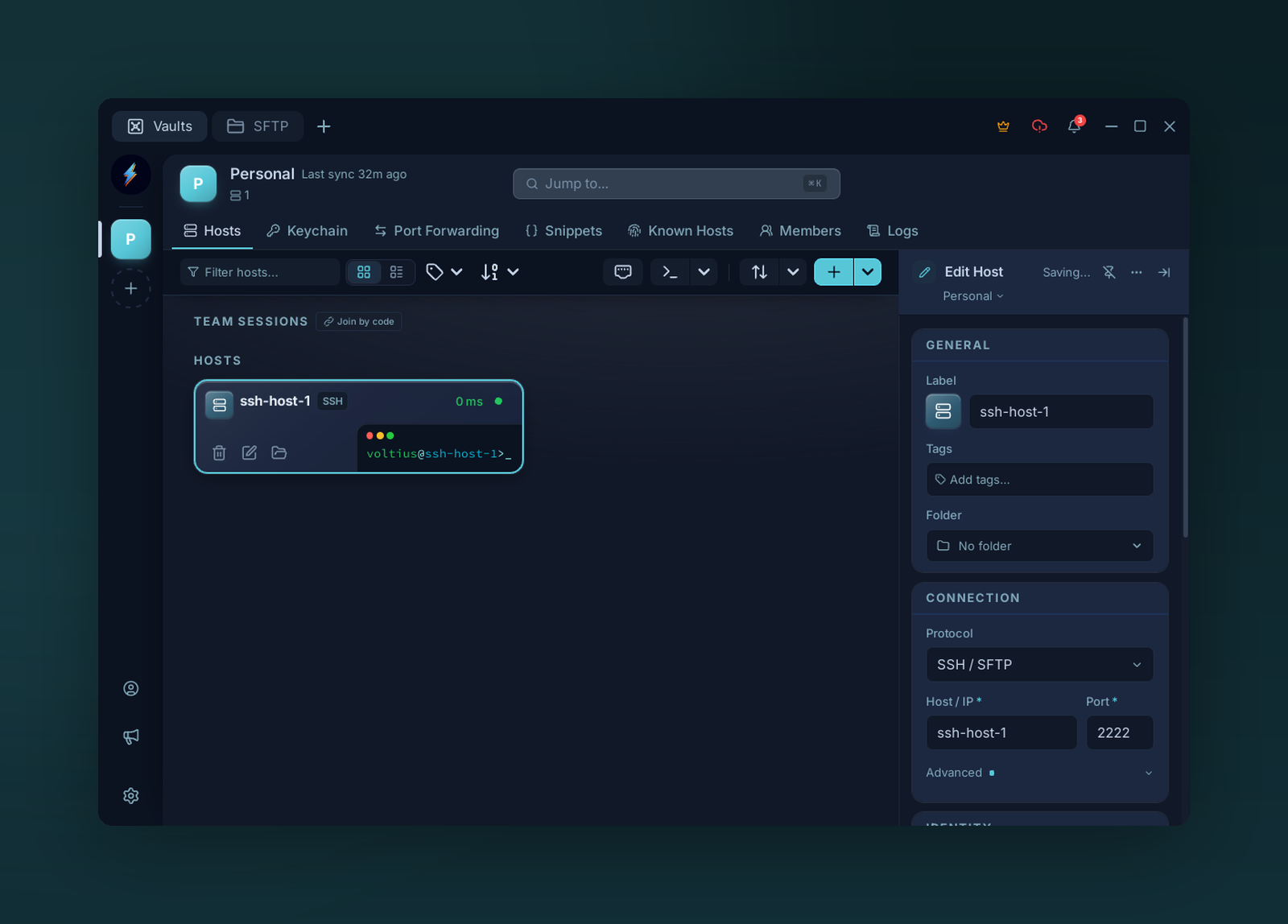 The Hosts page with a host detail panel open