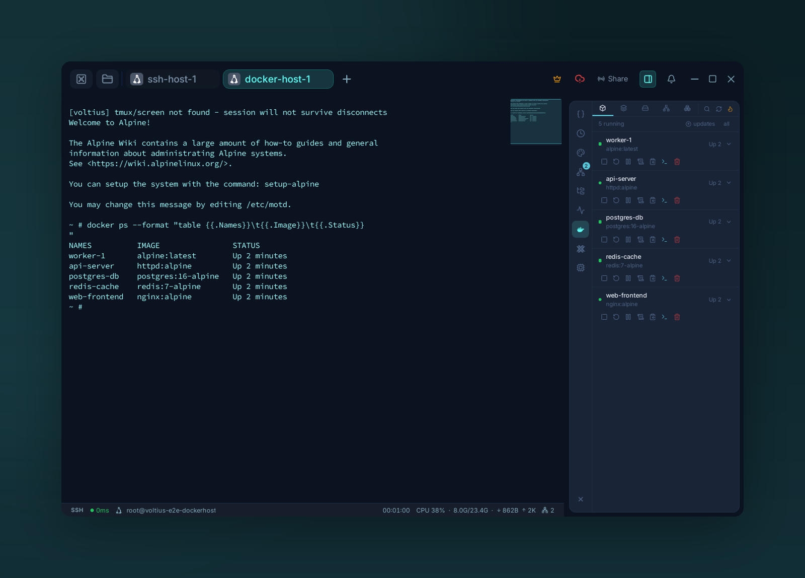 The Docker plugin panel listing containers running on a connected SSH host