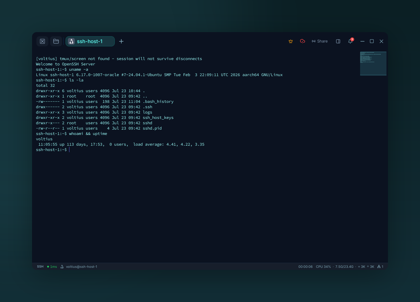 A live SSH terminal session in Voltius
