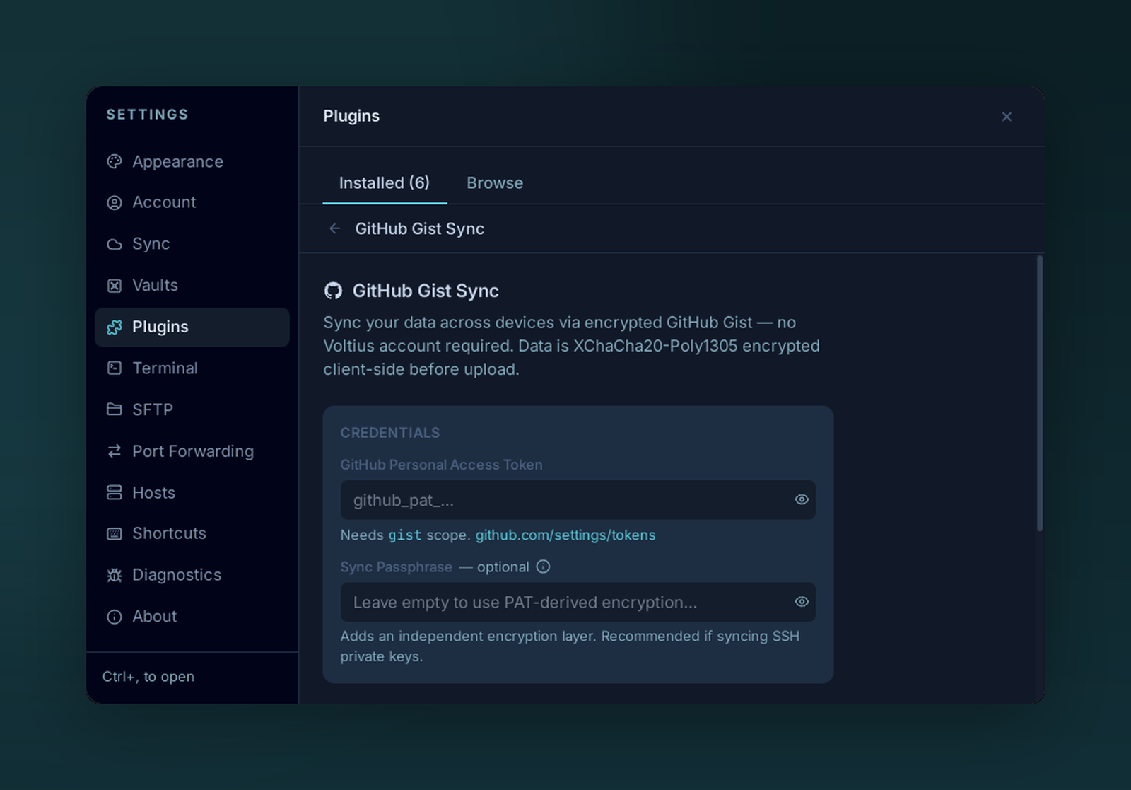 The GitHub Gist Sync configuration form