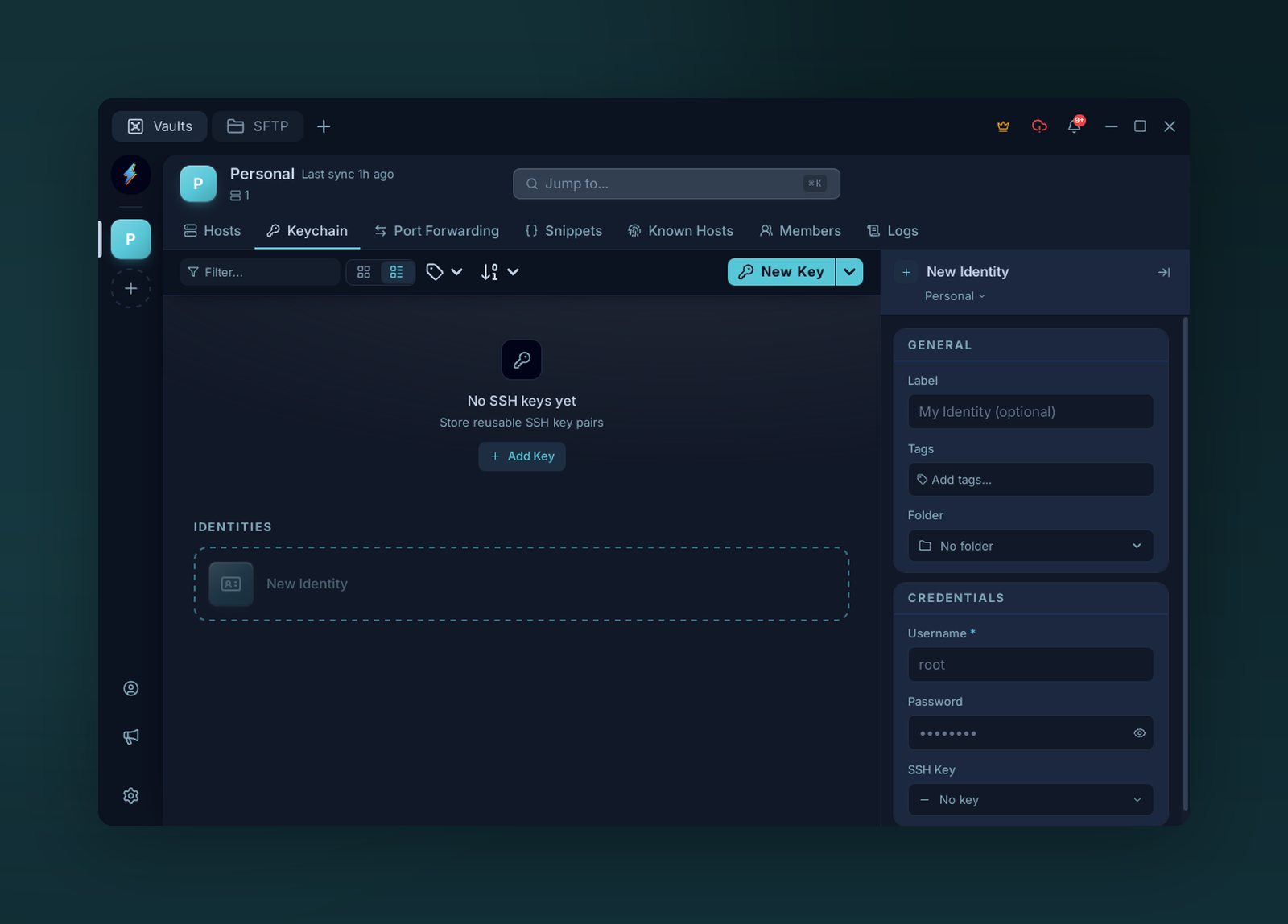 The identity form with username, password, and SSH key selector