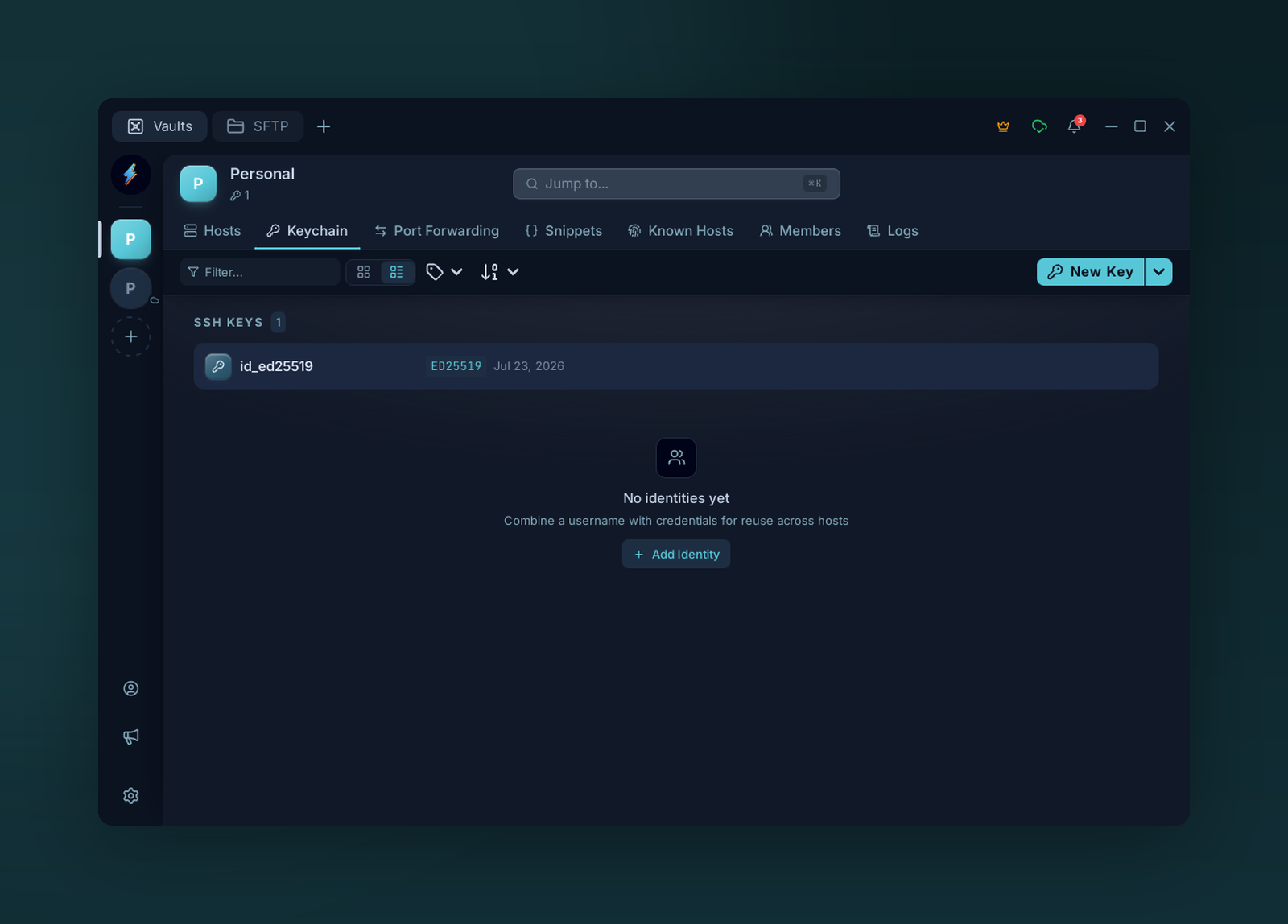 The Keychain page listing a stored SSH key