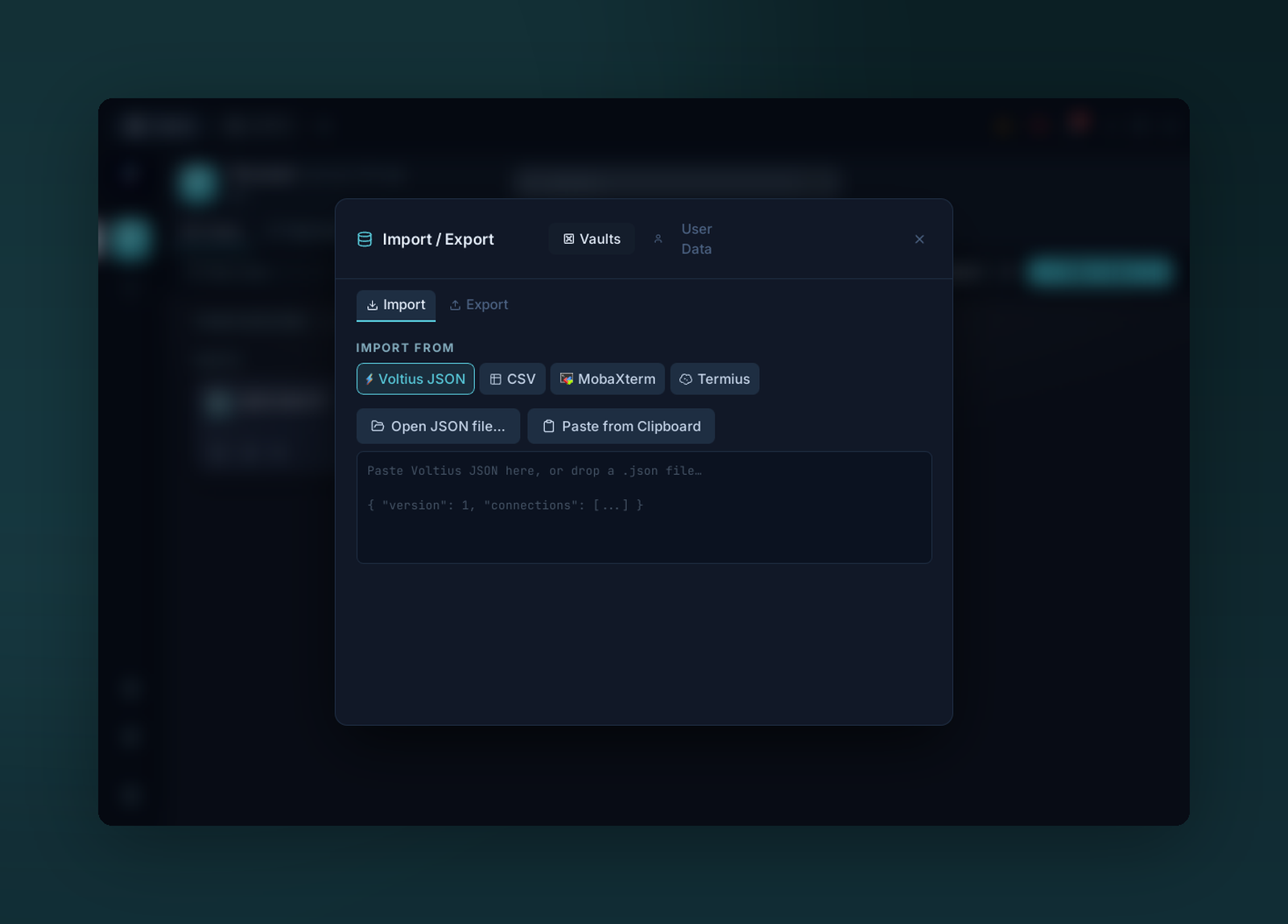 The Import / Export dialog