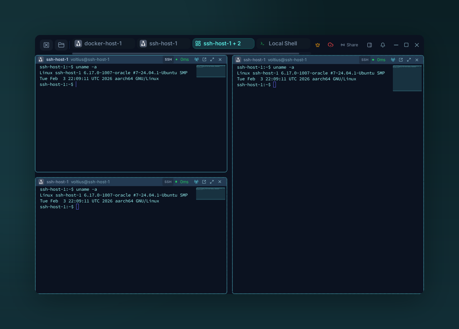 Three panes with broadcast active, the same command mirrored to all