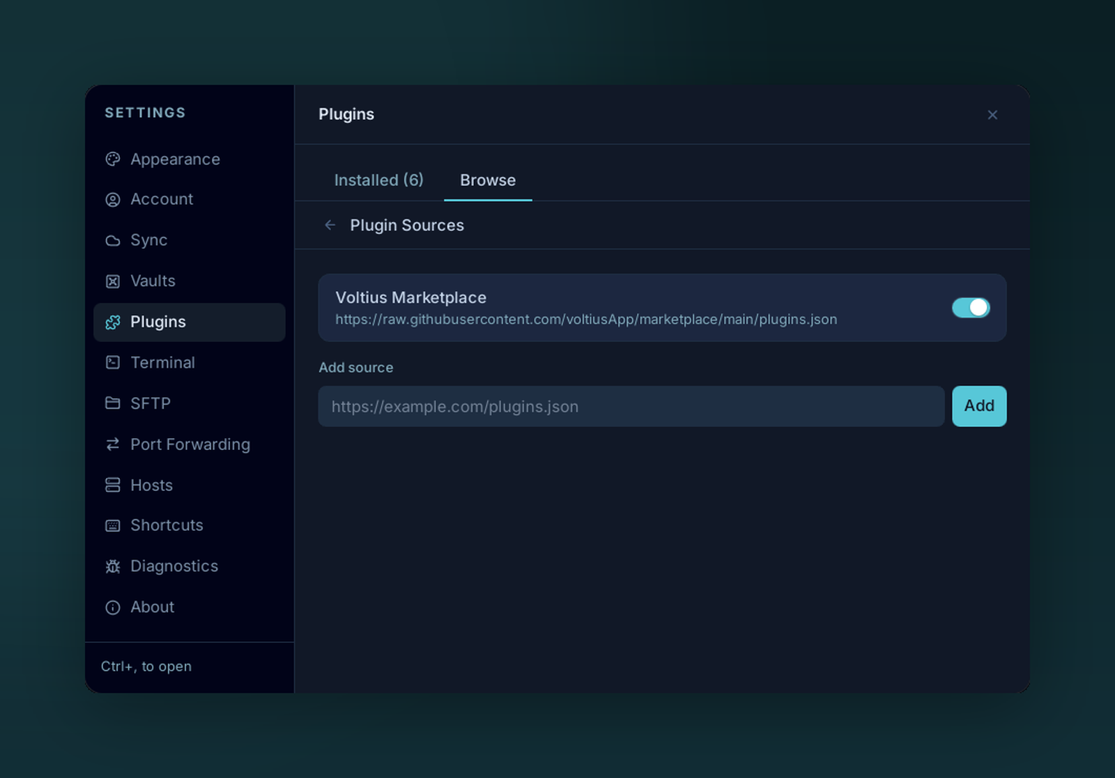 The Plugin Sources panel with a custom repo field