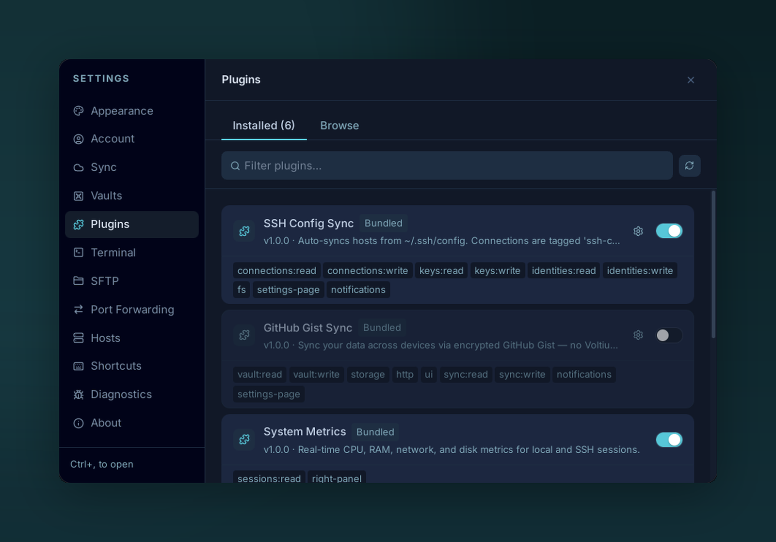 The installed plugins list in Settings