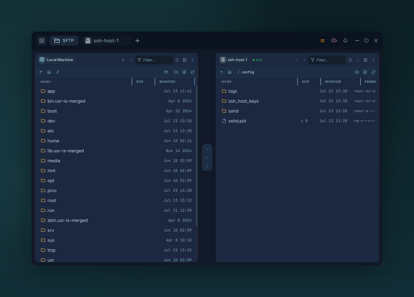 The two-pane SFTP file manager, local files on the left and a remote host on the right