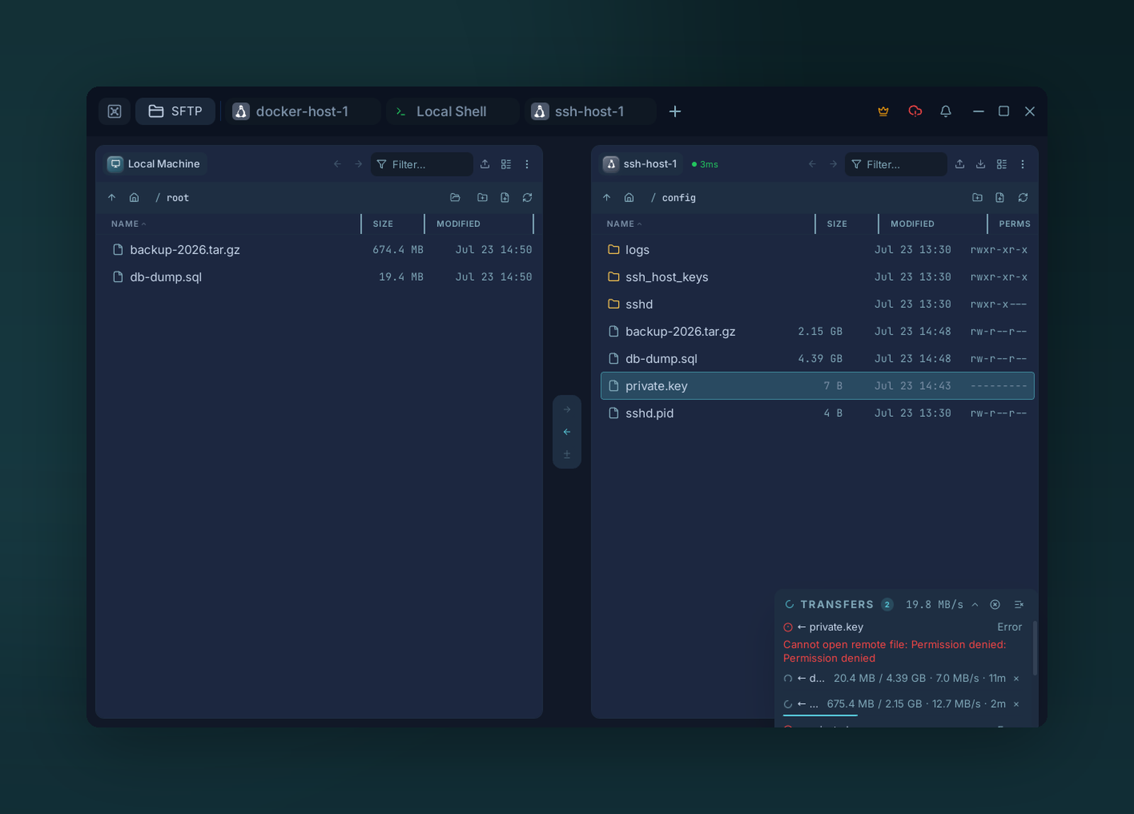 The SFTP transfer queue with two downloads in progress and one failed item