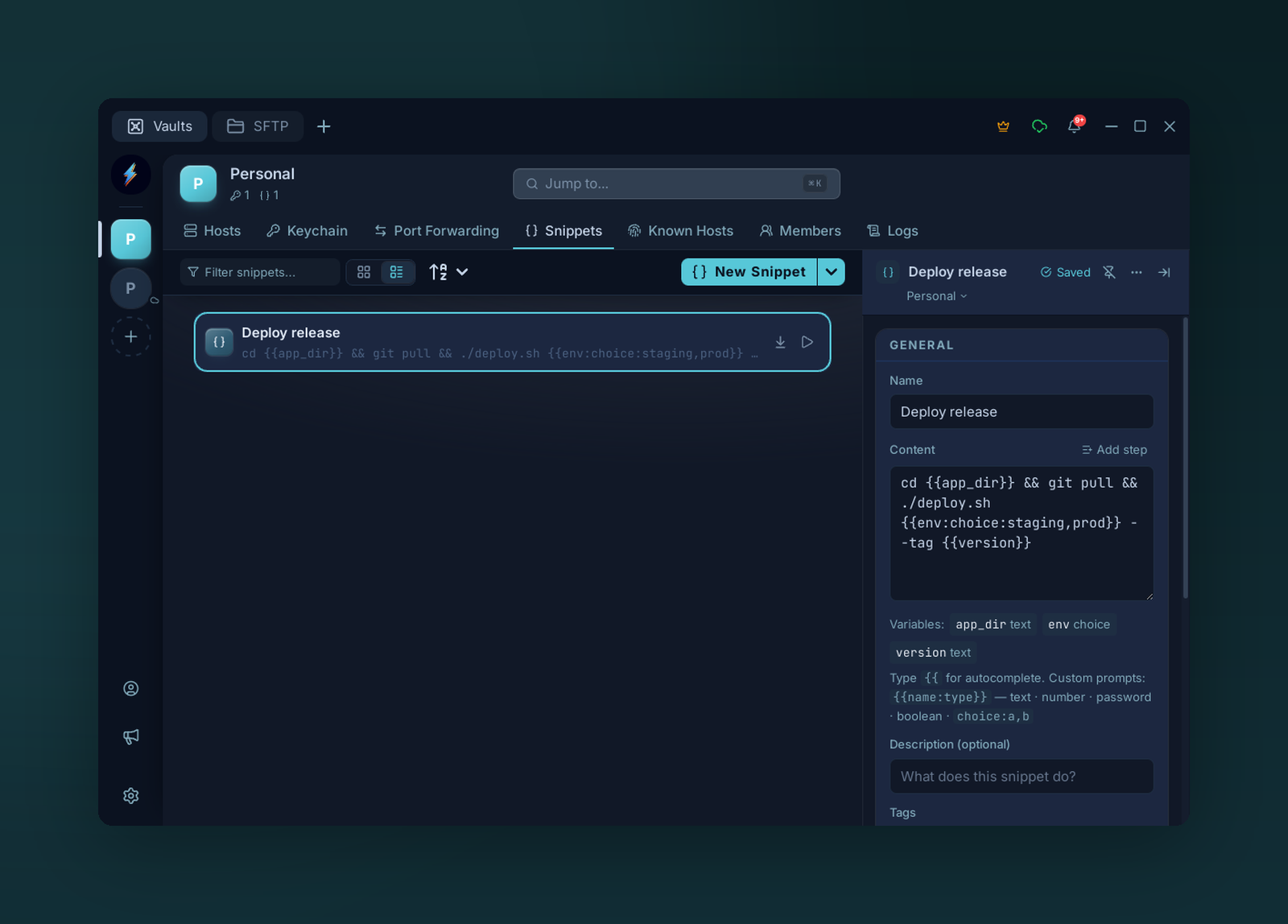 The snippet editor with its detected variables panel