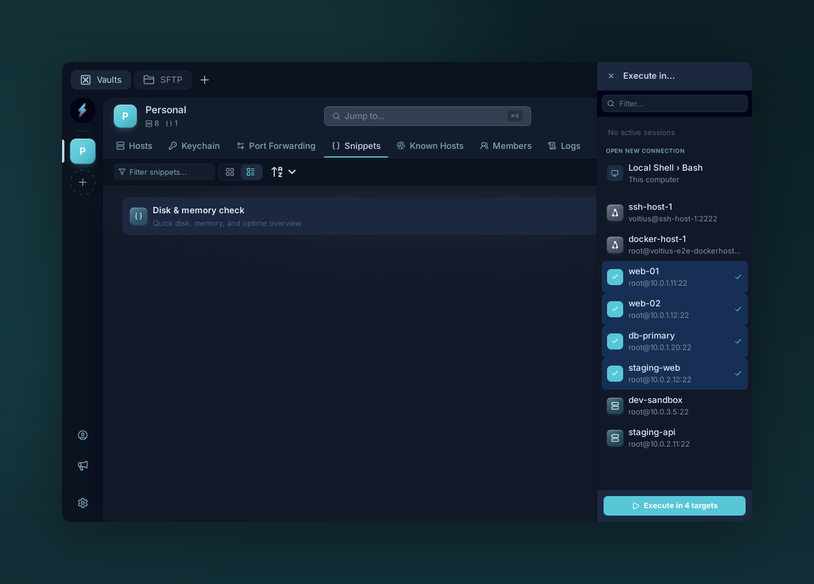 The Execute-in picker with four hosts checked, ready to run one snippet across all of them
