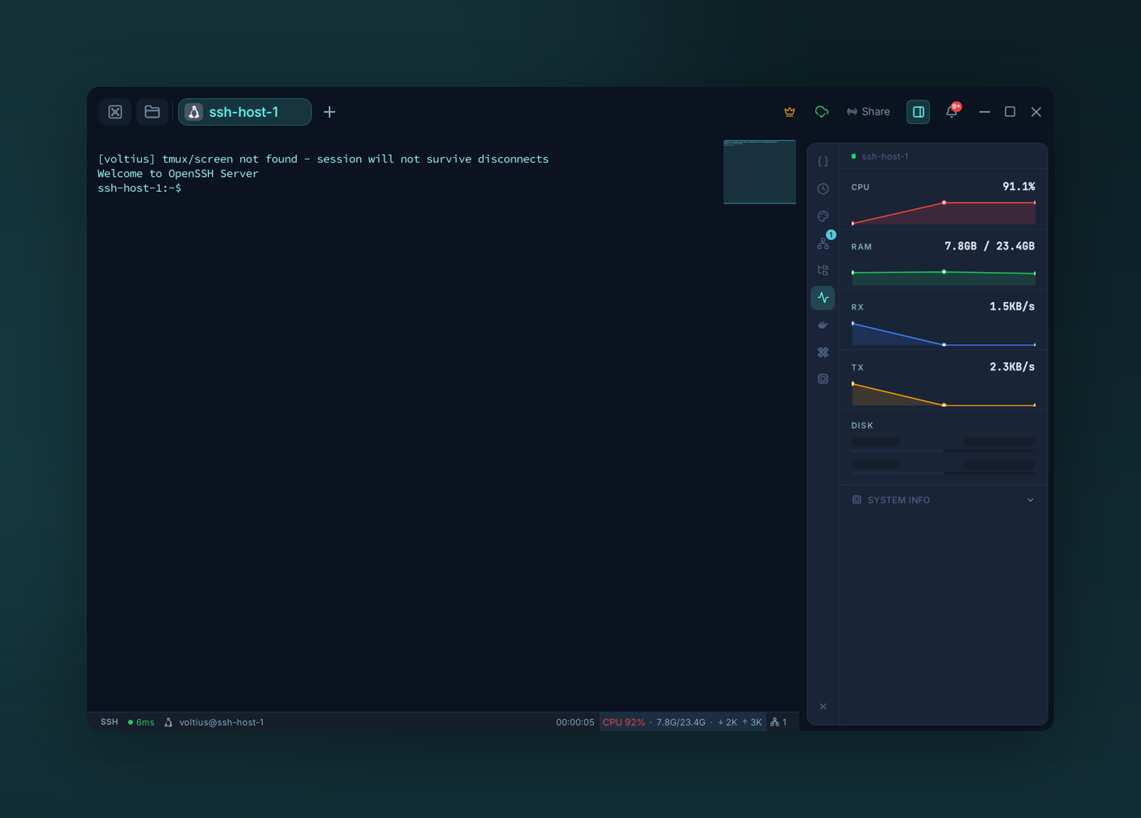 The system monitoring panel with live CPU, RAM, network and disk metrics