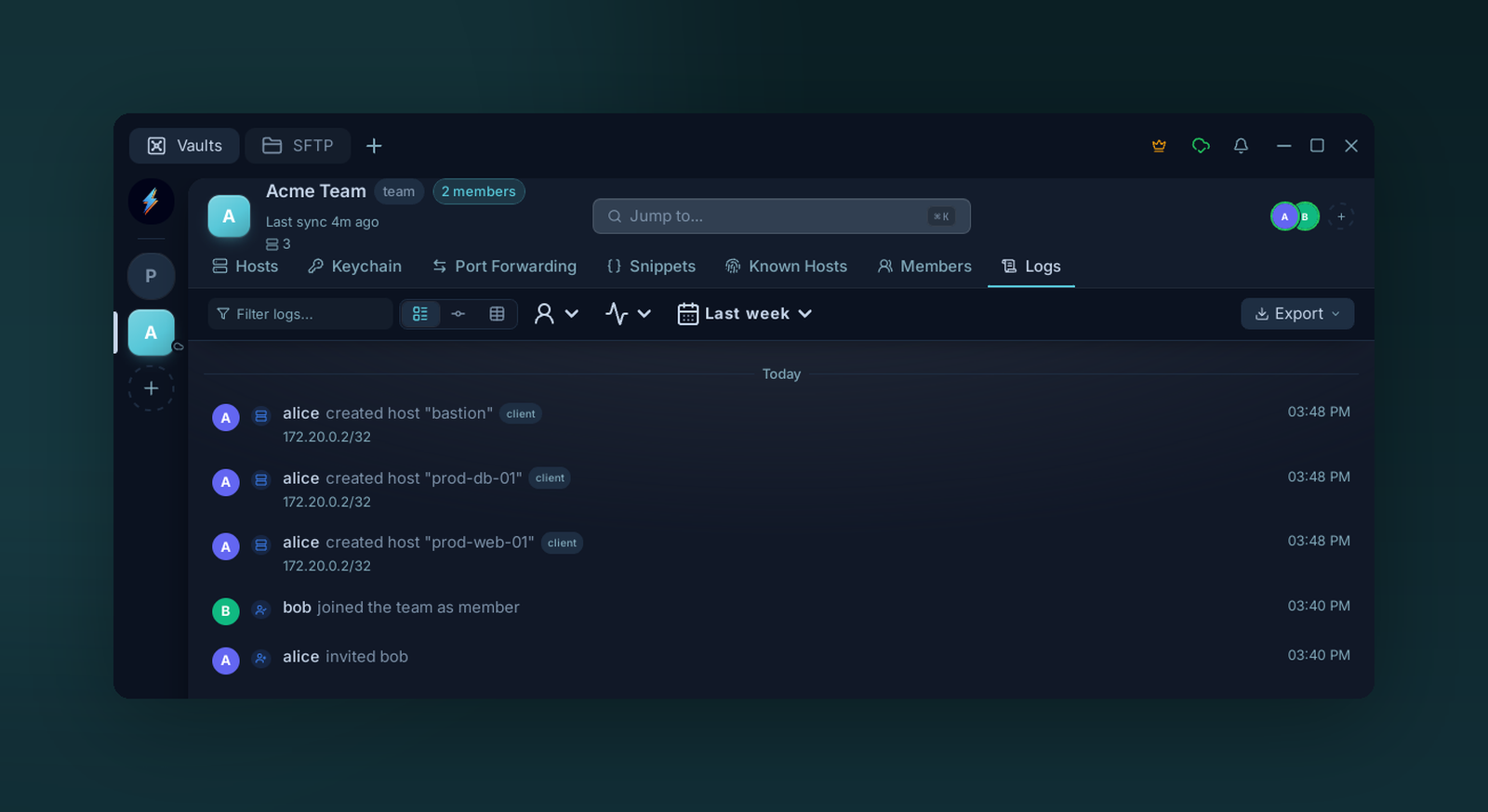 The team Logs tab: a timeline of who did what, with filters by member, event type, and date range