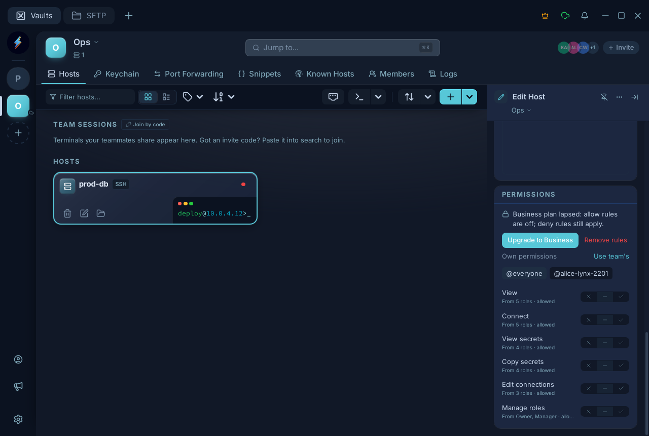 A locked Permissions section with the upgrade prompt