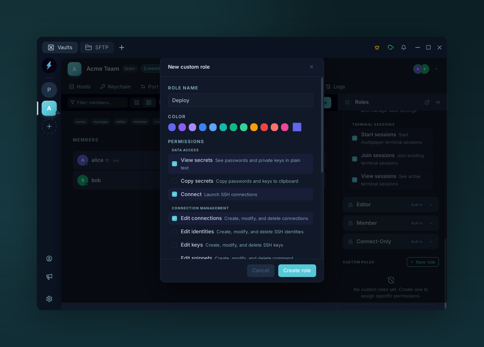 The custom role builder with per-resource, per-action permission checkboxes