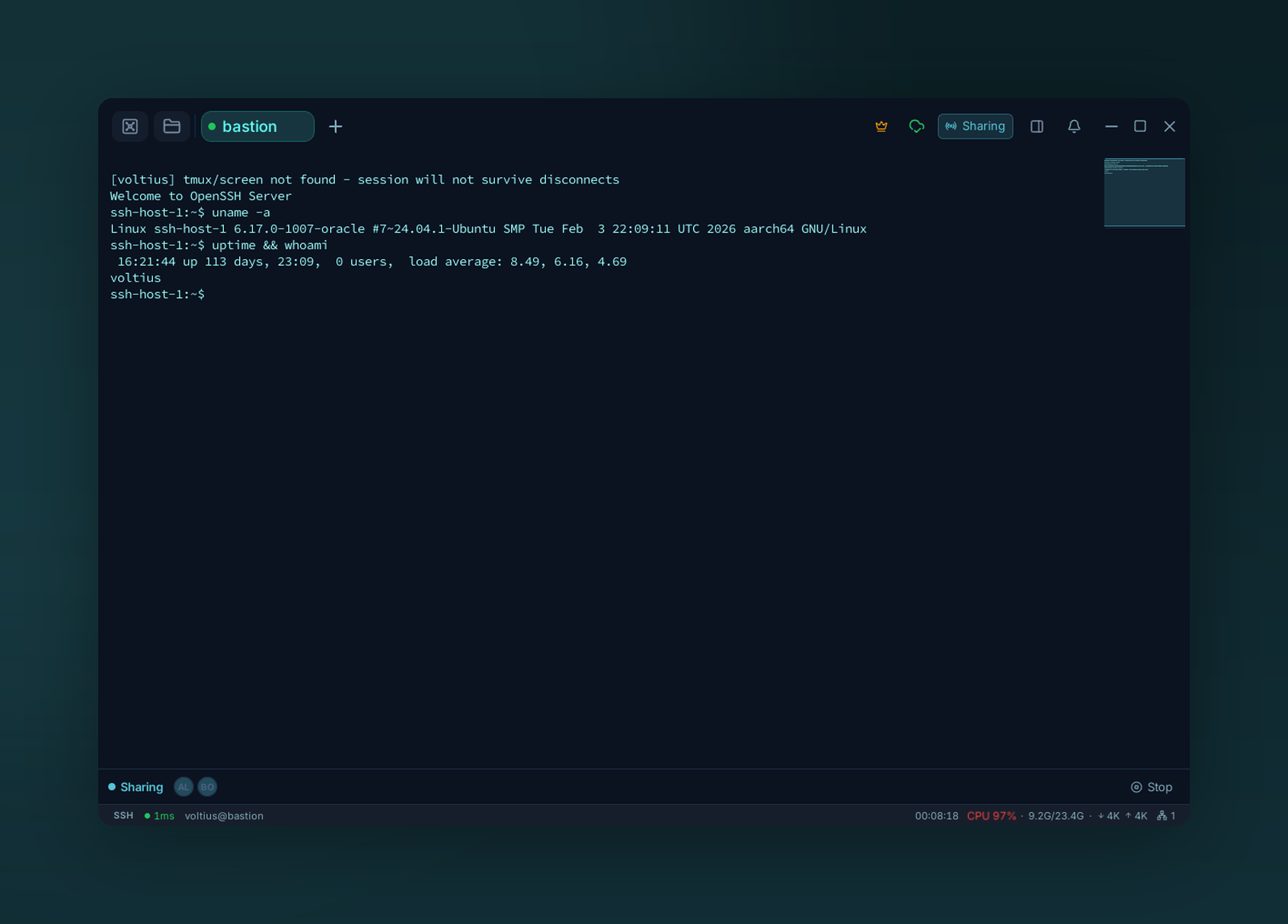 A shared terminal: the sharing bar shows the host and a joined participant, with a Stop control