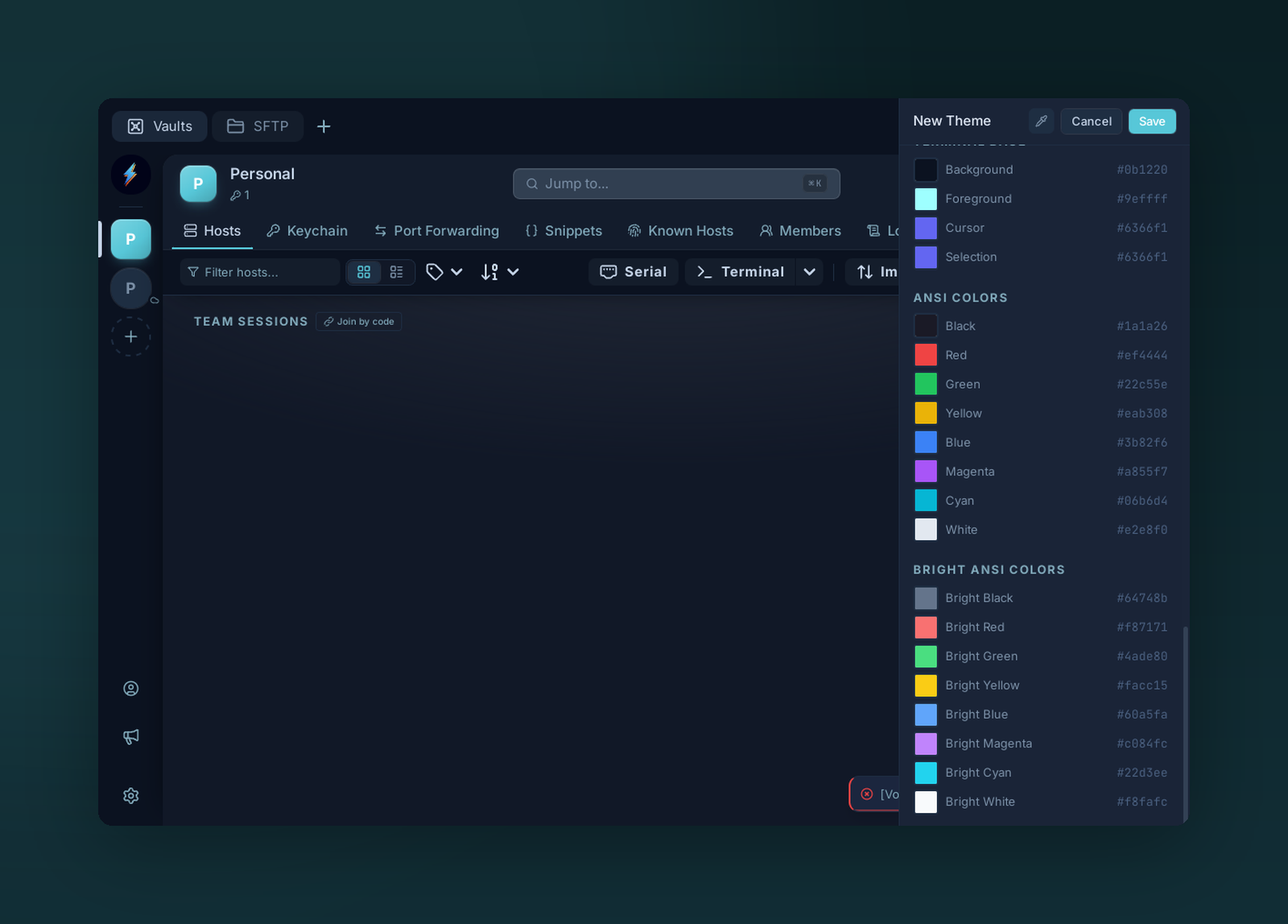 The Theme Creator scrolled to the terminal ANSI colors