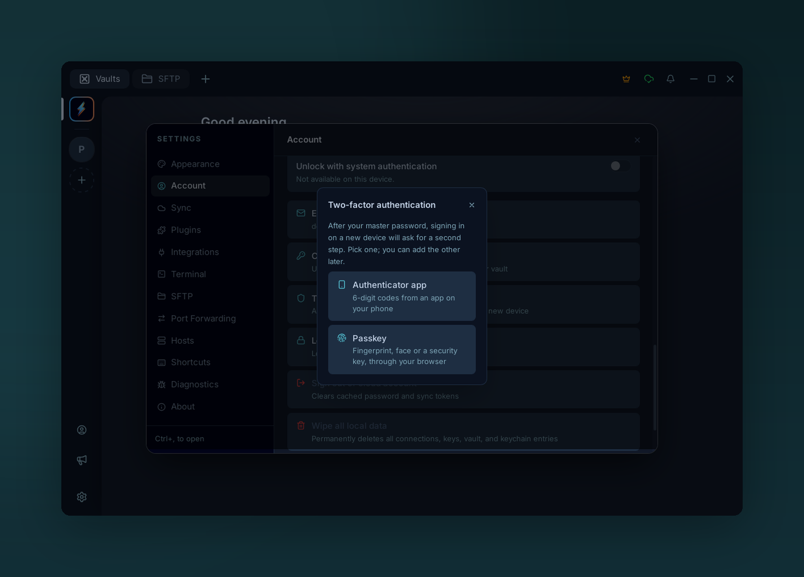 The two-factor dialog in Settings offering an authenticator app or a passkey