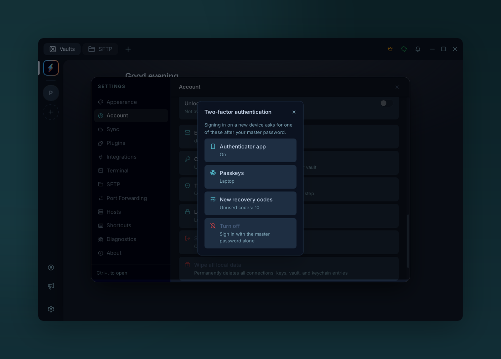 The two-factor dialog listing Authenticator app, Passkeys, New recovery codes and Turn off
