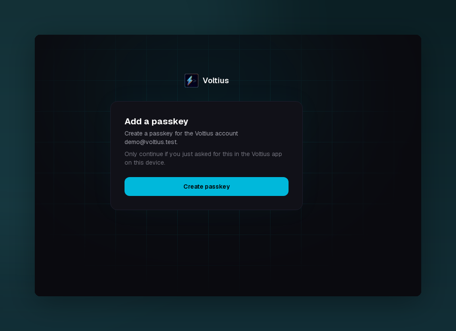 A Voltius page in the browser titled Add a passkey, naming the account and offering a Create passkey button