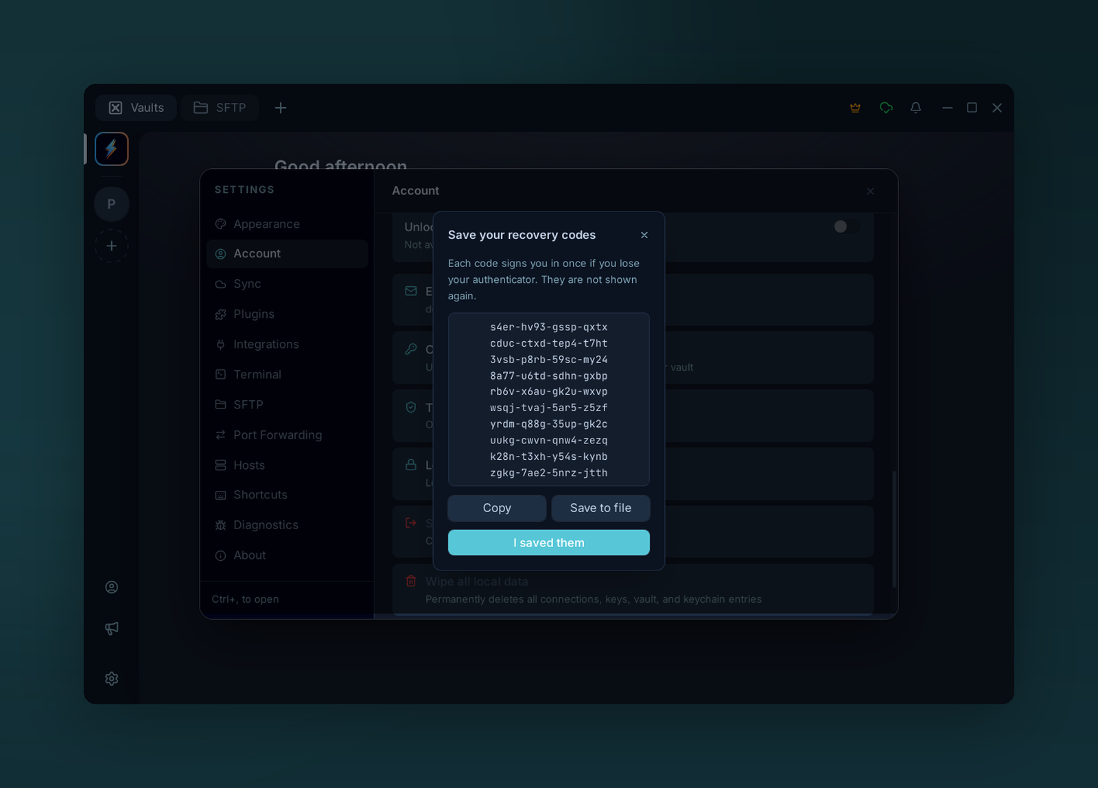 The recovery codes dialog listing ten codes, with Copy, Save to file and I saved them buttons