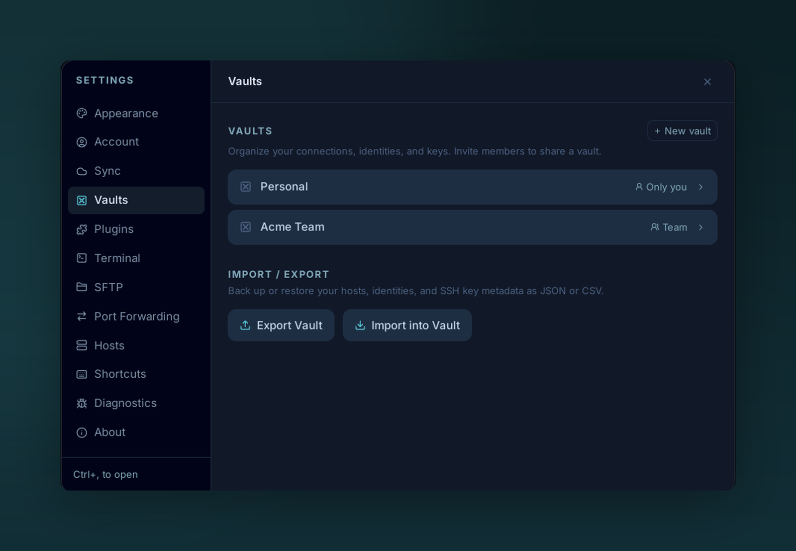 The Vaults settings panel listing a Personal vault (Only you) and an Acme Team vault (Team)
